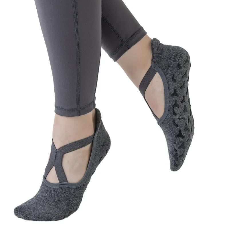 Women’s Anti-Slip Yoga Socks – Ballet Style Dance Grip Socks with Bandage Straps