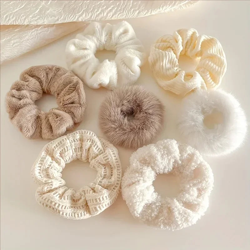 7pcs Fuzzy Knit Scrunchies – Soft Elastic Hair Bands for Girls