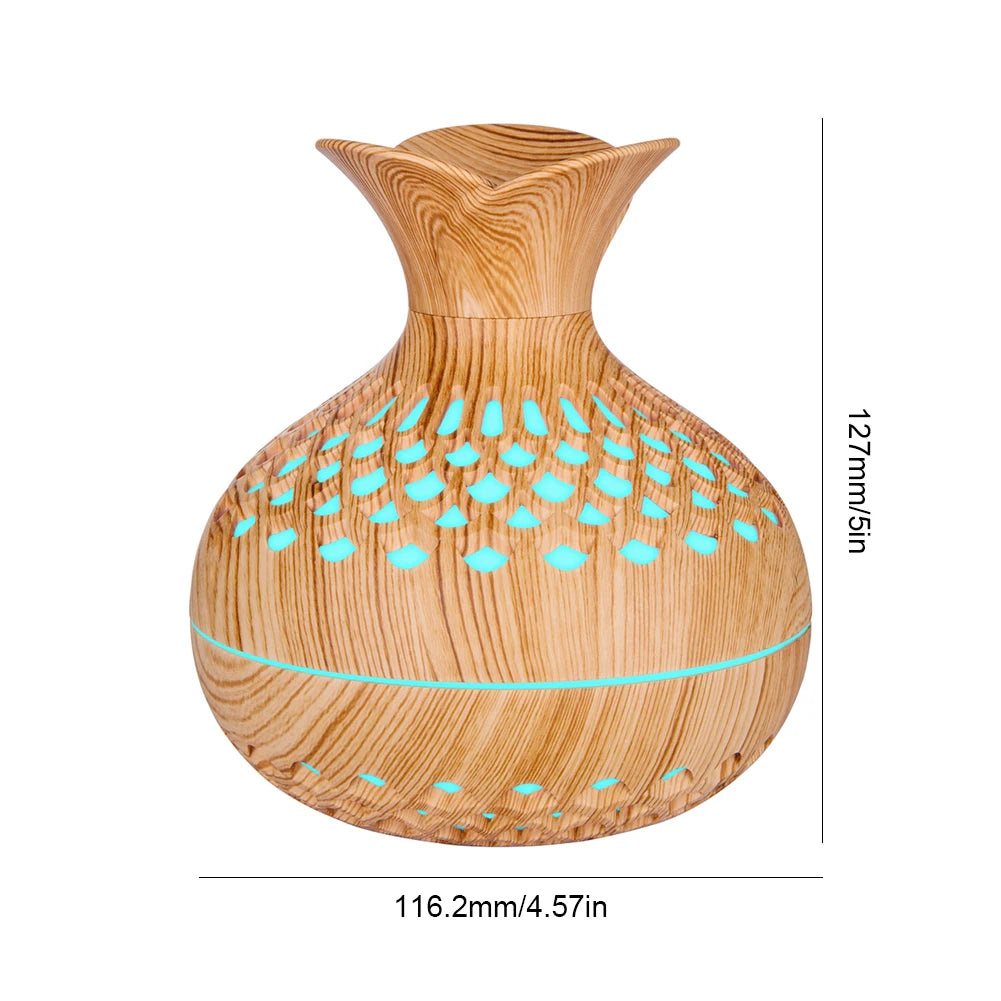 300ml Wood Grain Flower Diffuser – USB Rechargeable Aromatherapy Humidifier with Light