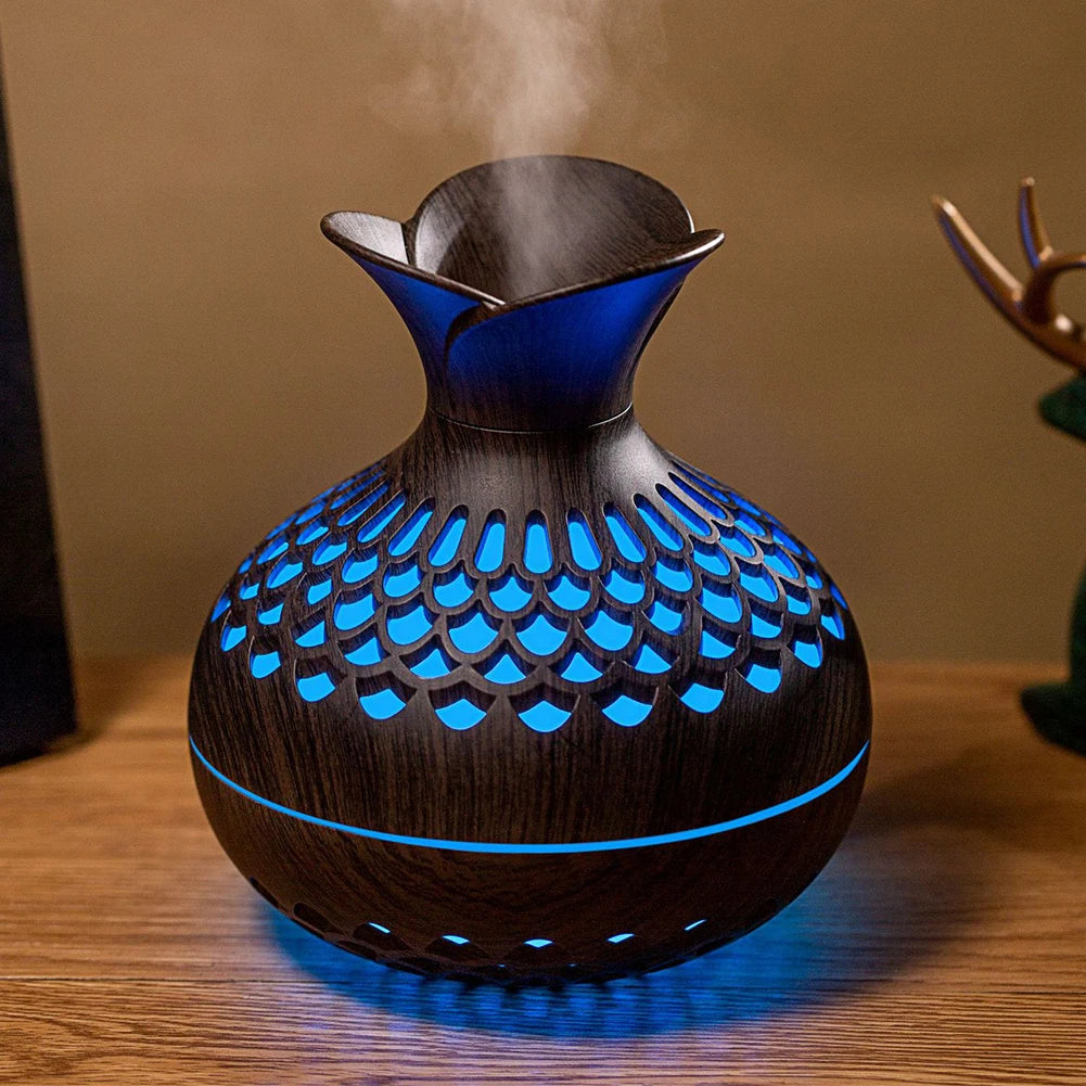 300ml Wood Grain Flower Diffuser – USB Rechargeable Aromatherapy Humidifier with Light