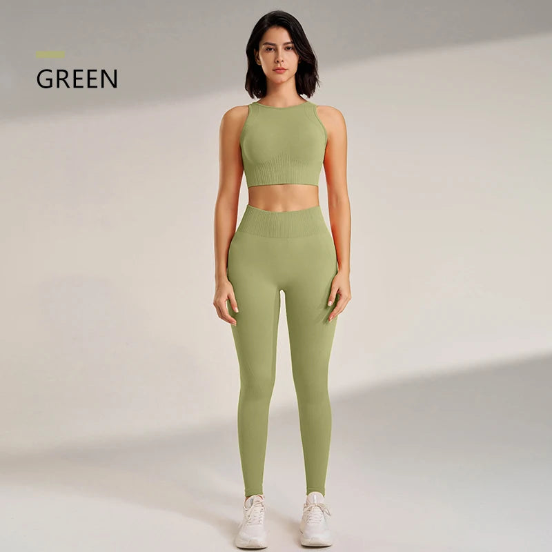 🧵 Seamless Yoga Clothing Set – High Waist Leggings + Fitness Top