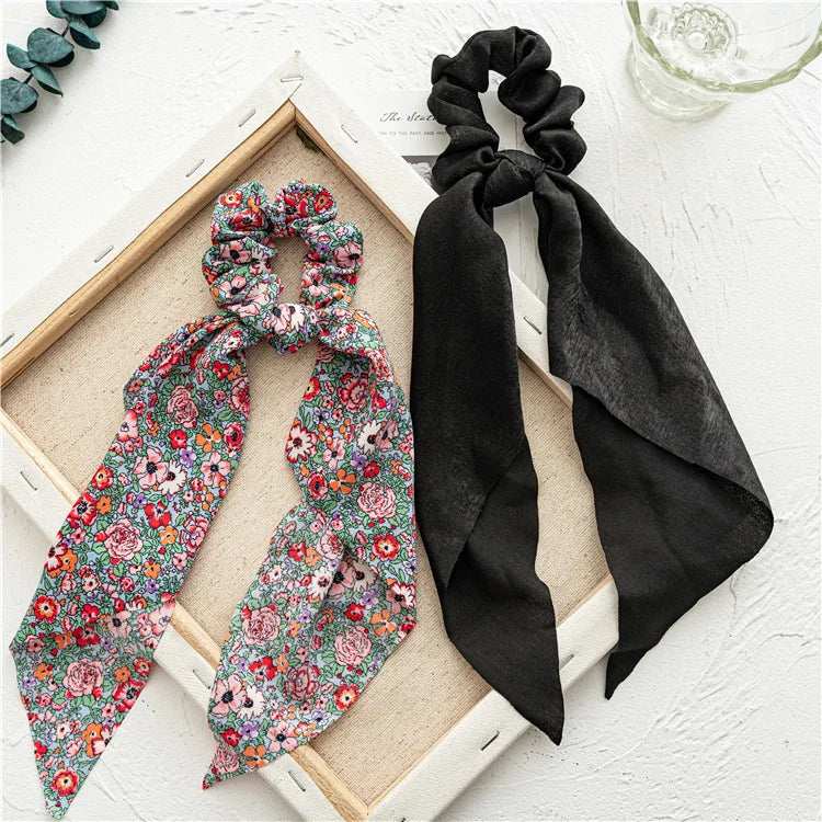 🎀 Leopard Satin Bow Ponytail Scarf – Long Ribbon Hair Tie Scrunchie