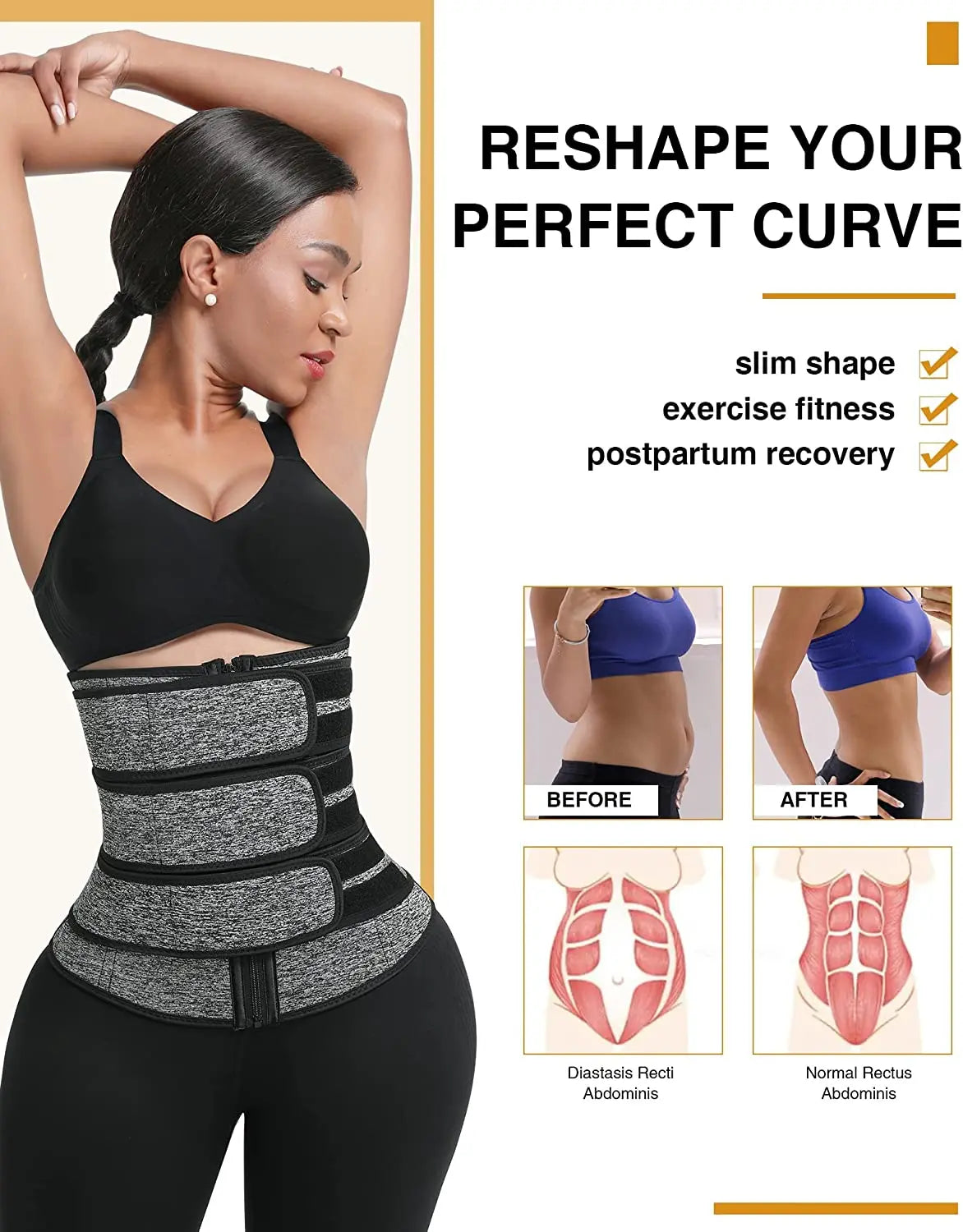 💪 3-Strap Waist Trainer Cincher – Women’s Slimming Sweat Belt for Workouts