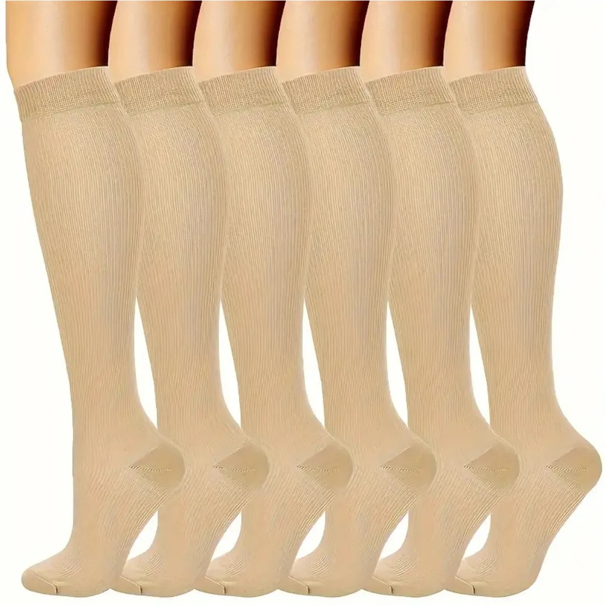 🧦 6 Pairs Compression Socks – Nurse Support Stockings Black/Skin Tone