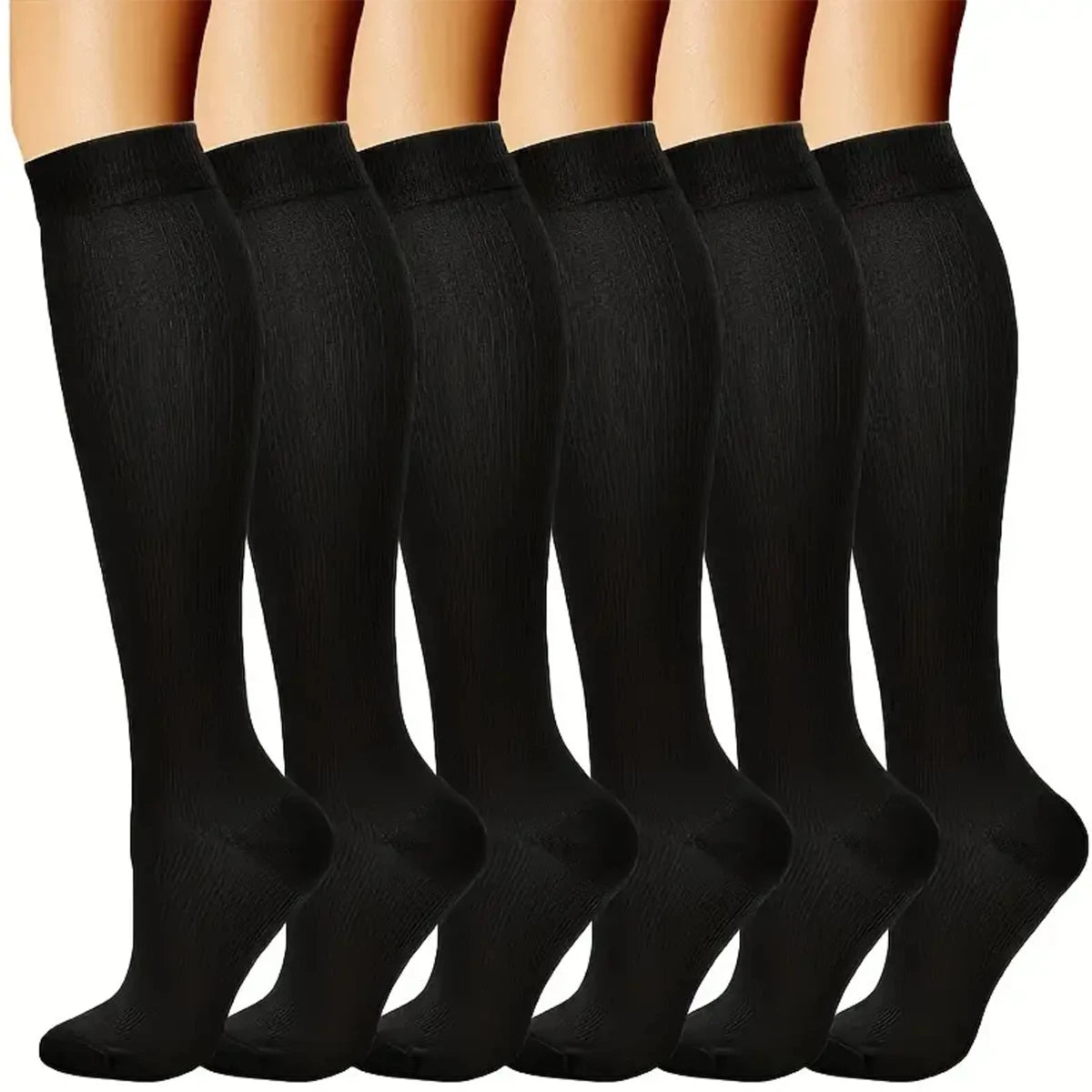 🧦 6 Pairs Compression Socks – Nurse Support Stockings Black/Skin Tone