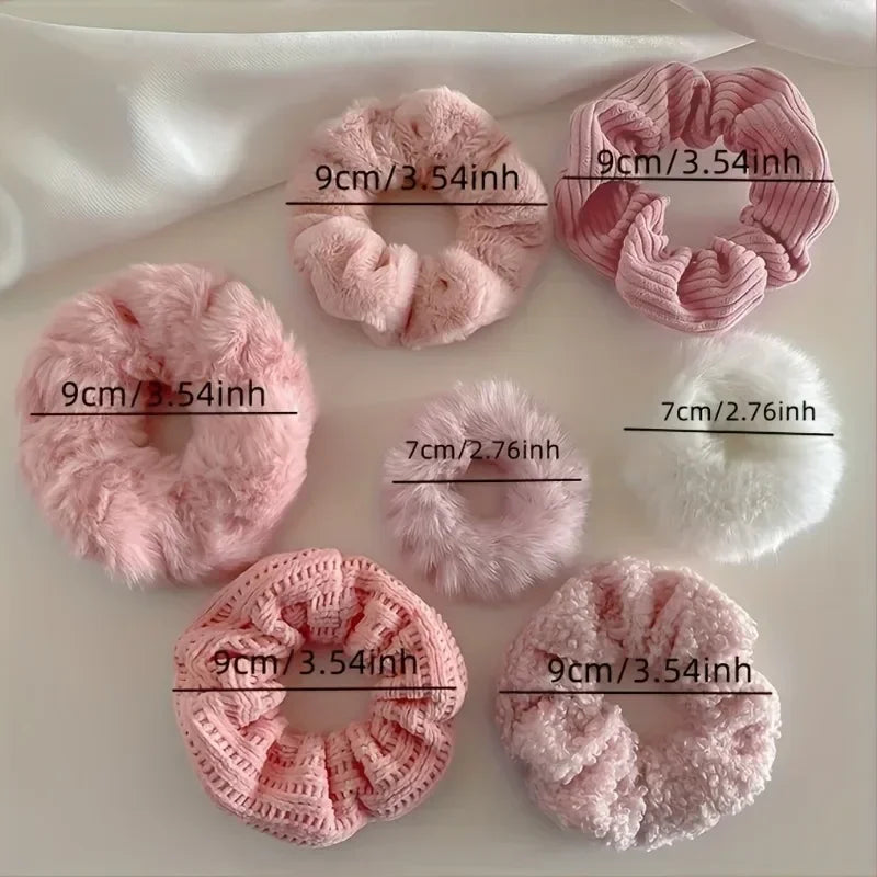 7pcs Fuzzy Knit Scrunchies – Soft Elastic Hair Bands for Girls