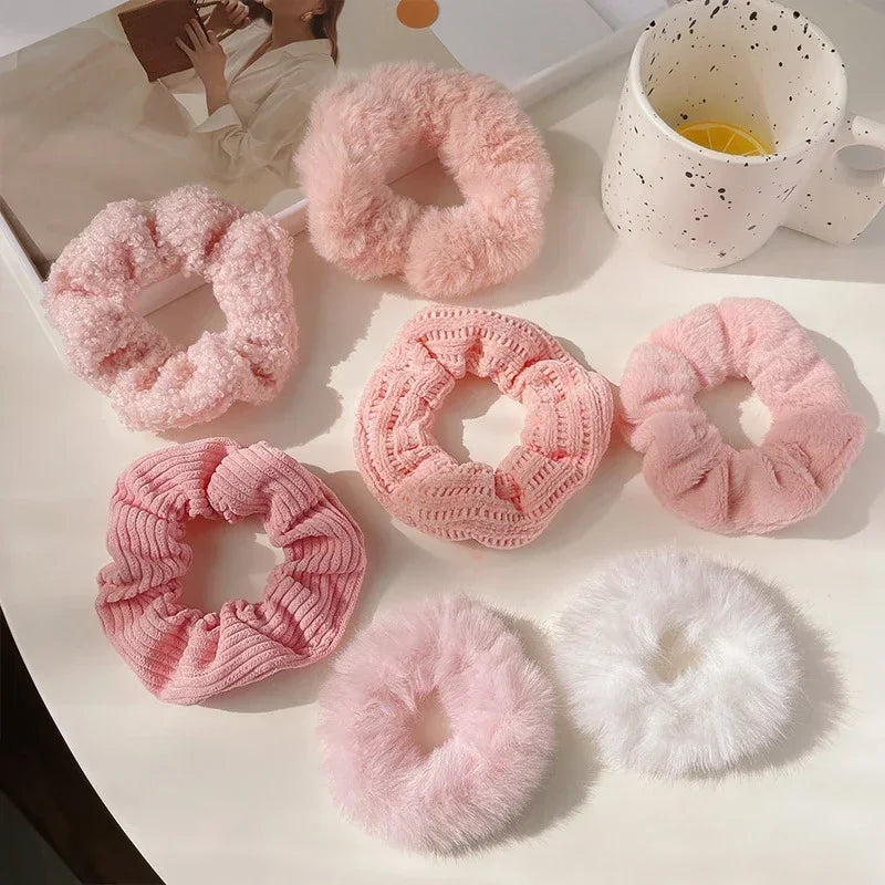 7pcs Fuzzy Knit Scrunchies – Soft Elastic Hair Bands for Girls